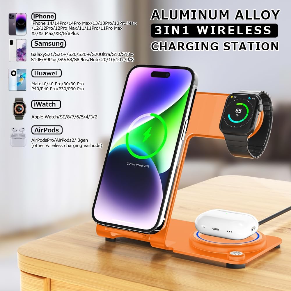 Cargador inalámbrico, estación de carga inalámbrica 3 en 1 de aleación de aluminio para Apple iPhoneiWatchAirpods, iPhone15, 14, 13, 12, 11 (Pro,