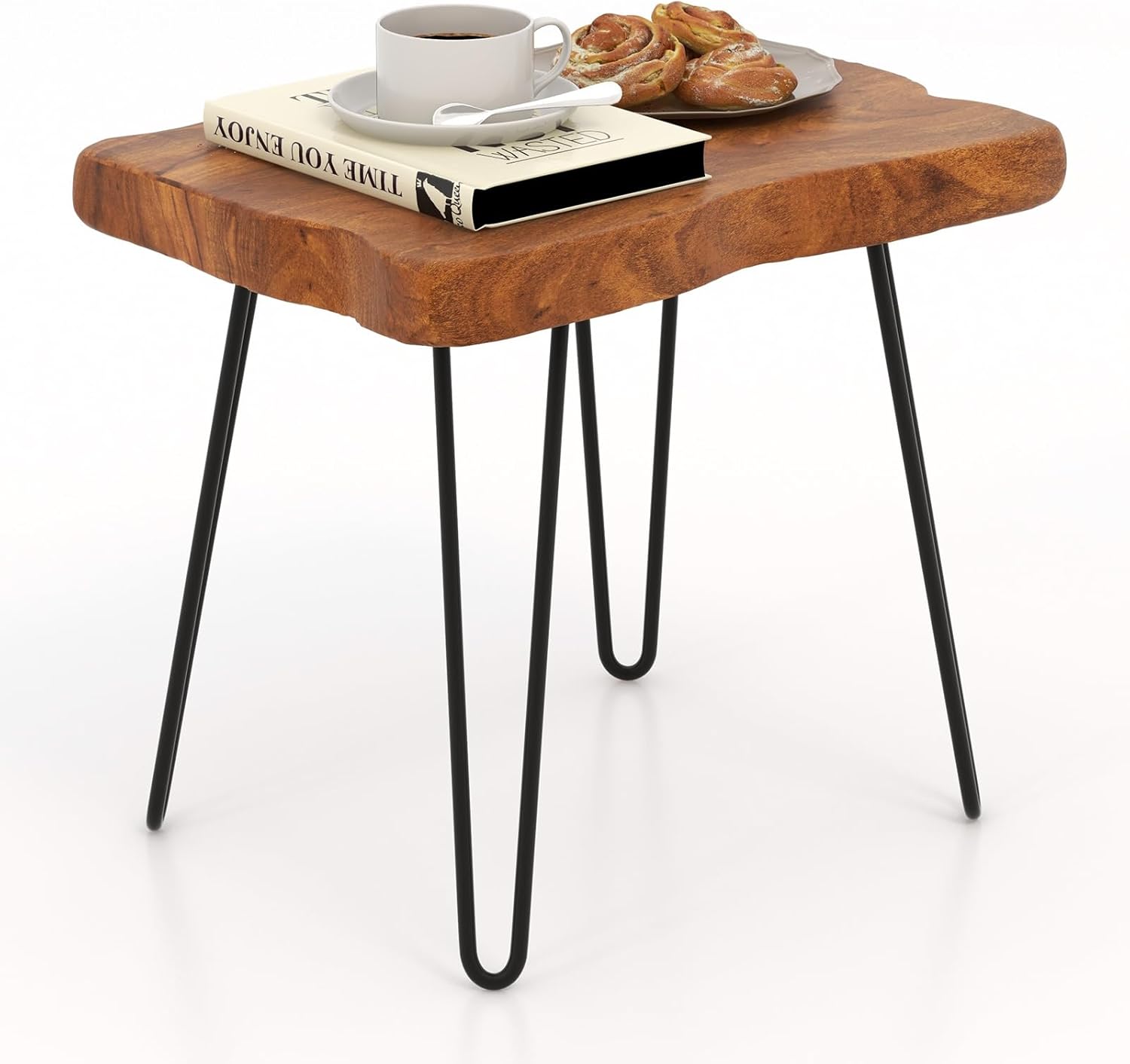 GOFLAME Mesa auxiliar rectangular, mesa auxiliar para interiores y exteriores con parte superior de madera de teca maciza y patas de metal, mesa de