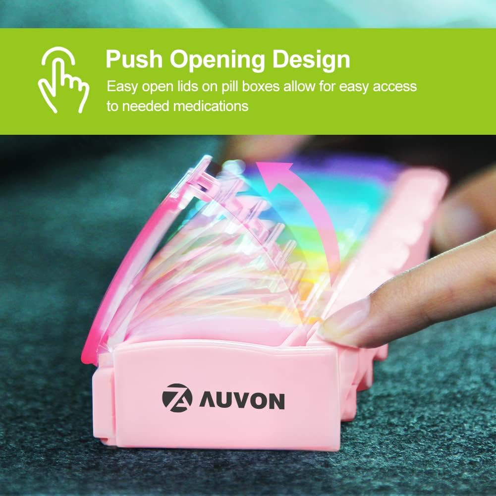 AUVON – Pastillero semanal sin BPA, adecuado para artritis, diseño de apertura de resorte y compartimento grande para vitaminas, aceite de hígado de