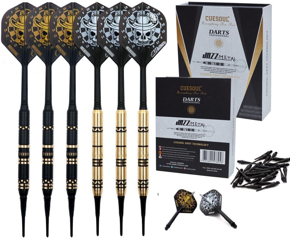 CUESOUL Jazz – Juego de dardos de punta suave de 0.67 oz con 6 vuelos integrados de plástico AK5 y 36 puntas de plástico para tablero de dardos