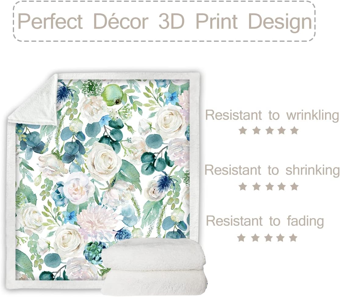 Sleepwish Manta floral de acuarela azul con flores, manta de forro polar tamaño individual (60 x 80 pulgadas), color blanco, Shabby Chic floral,