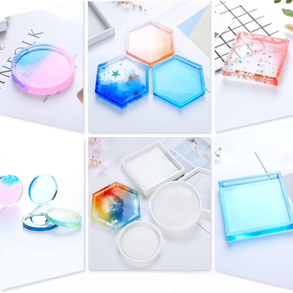 8 moldes de resina para posavasos, posavasos hexagonales cuadrados redondos de silicona epoxi, moldes de bricolaje para manualidades