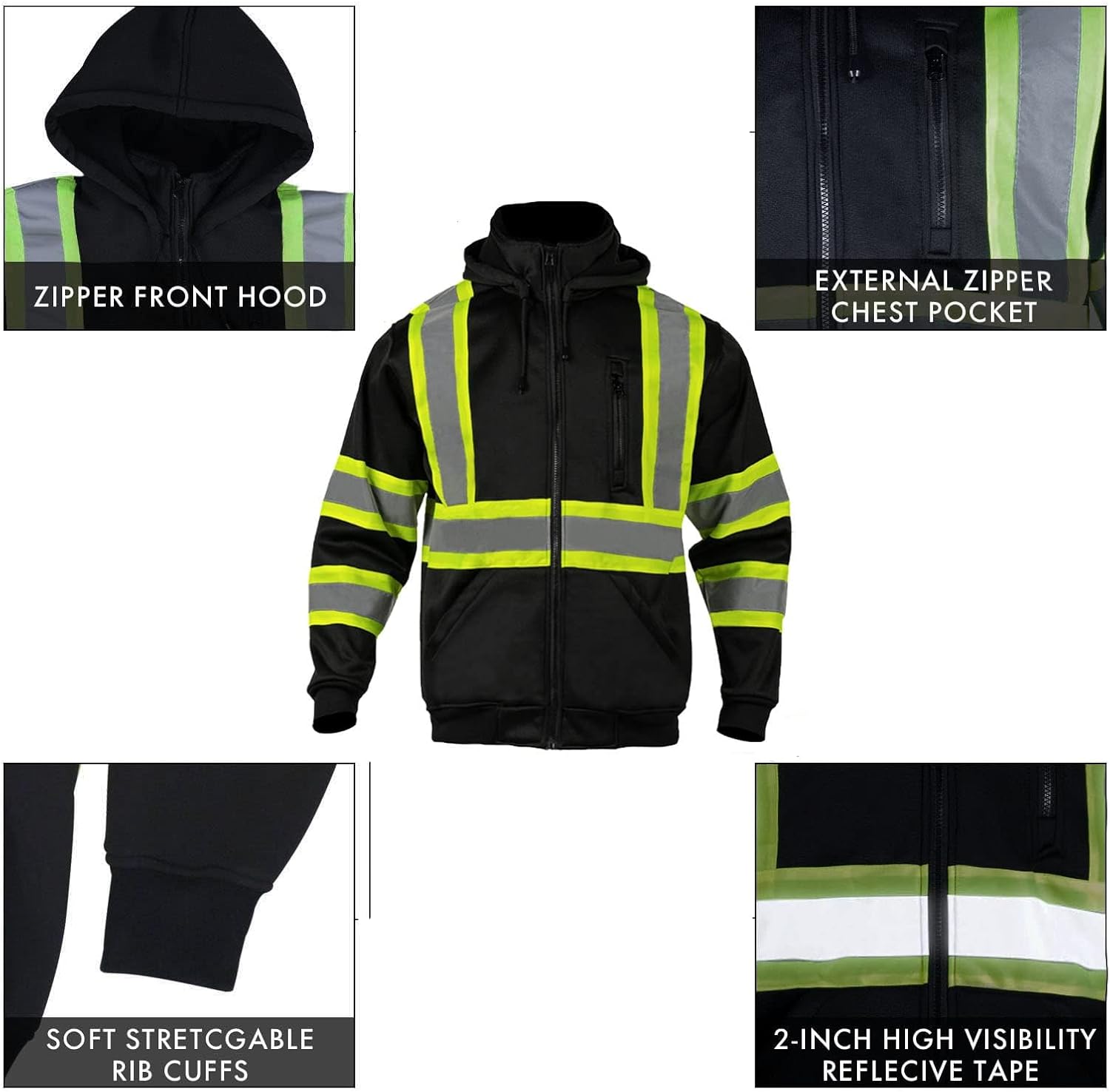 FONIRRA Sudadera de seguridad para hombre, alta visibilidad, reflectante, ANSI clase 3, forro polar, cremallera completa, sudadera con capucha