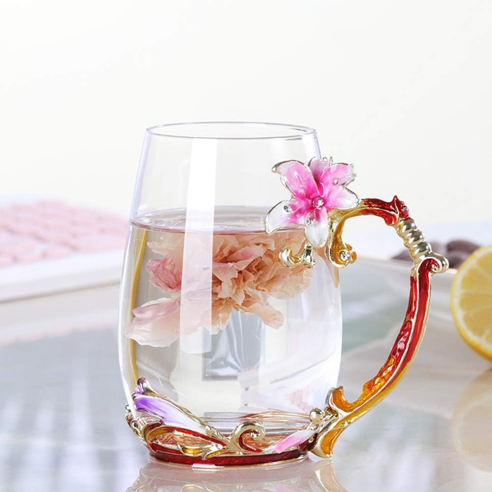 Taza de cristal con flores hecha a mano, para café o té, regalo para esposa, madre, abuela, mujeres
