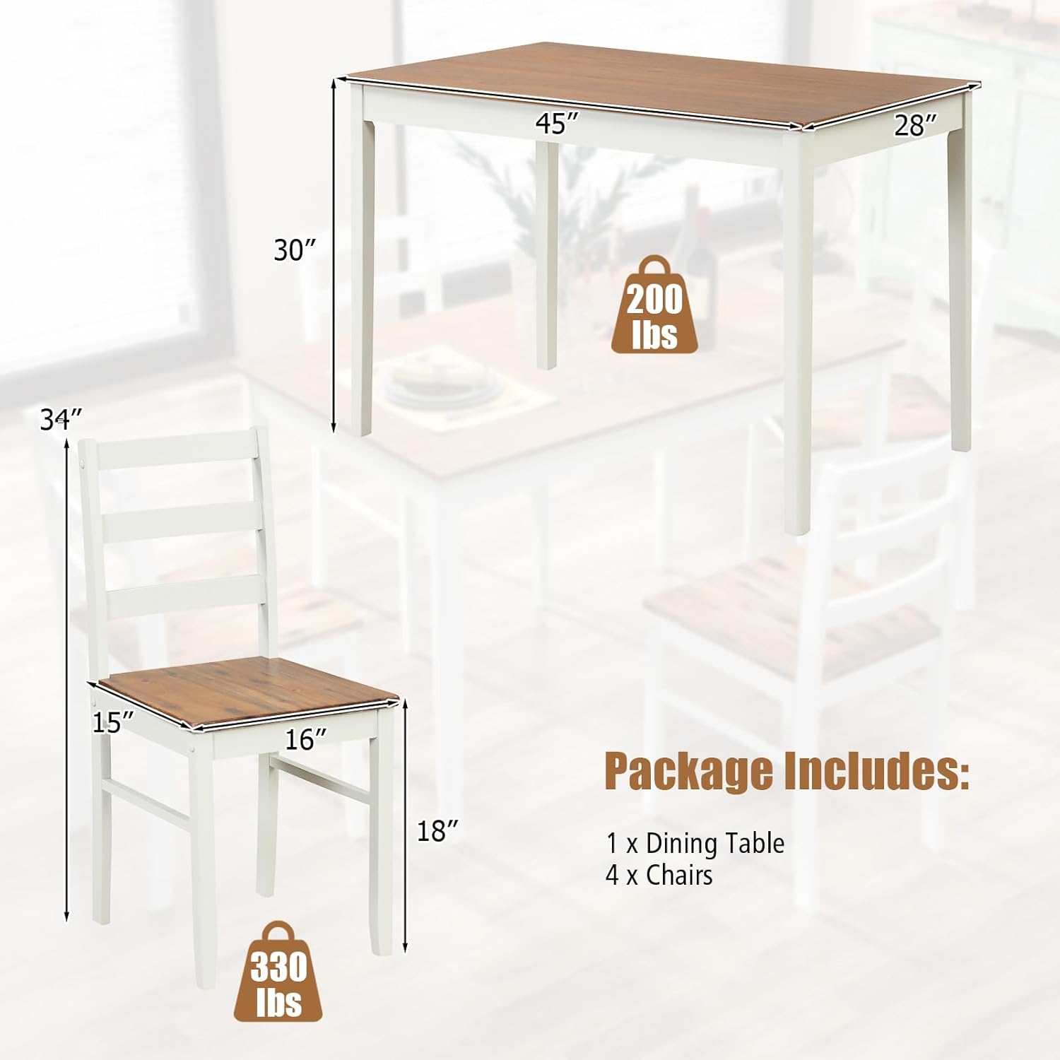 Tangkula Juego de mesa de comedor para 4, madera maciza, juego de comedor de granja con patas de madera de goma, juego de mesa de comedor y sillas