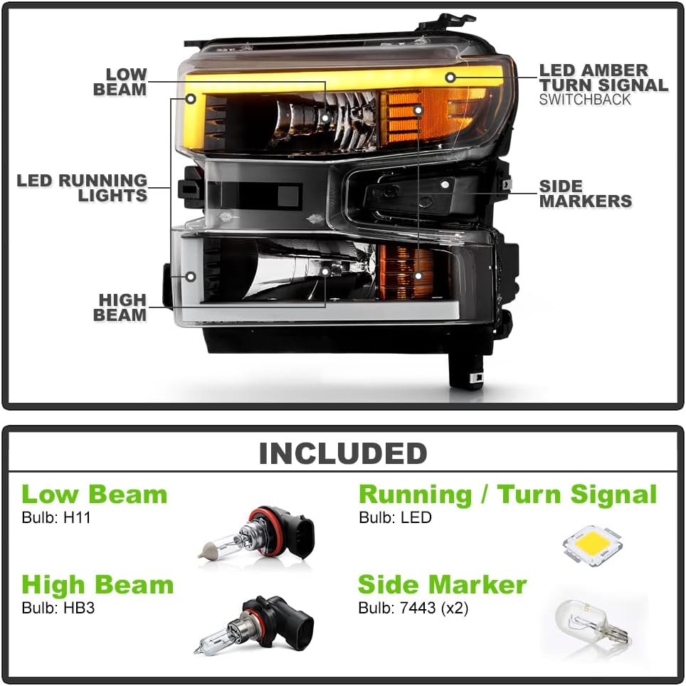 ACANII – Para halógeno sin LED 2019-2021 Chevy Silverado 1500 negro LED SwitchBack Tube Faros delanteros izquierdo y derecho