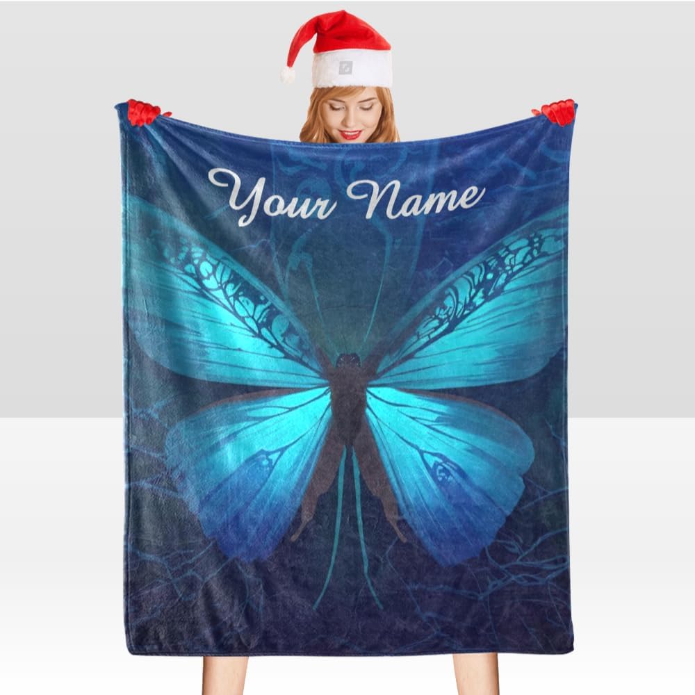 Manta personalizada con texto del nombre, manta personalizada de mariposa de forro polar súper suave para sofá, cama (50 x 60 pulgadas)