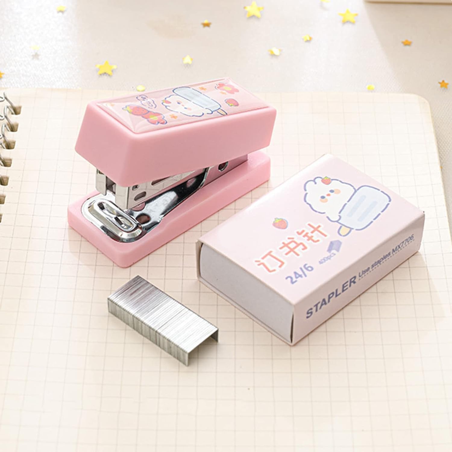 1 juego de mini grapadoras rosas con grapas n. 12, lindo patrón de conejo, removedor de grapas, máquina de encuadernación para grapadoras de clips