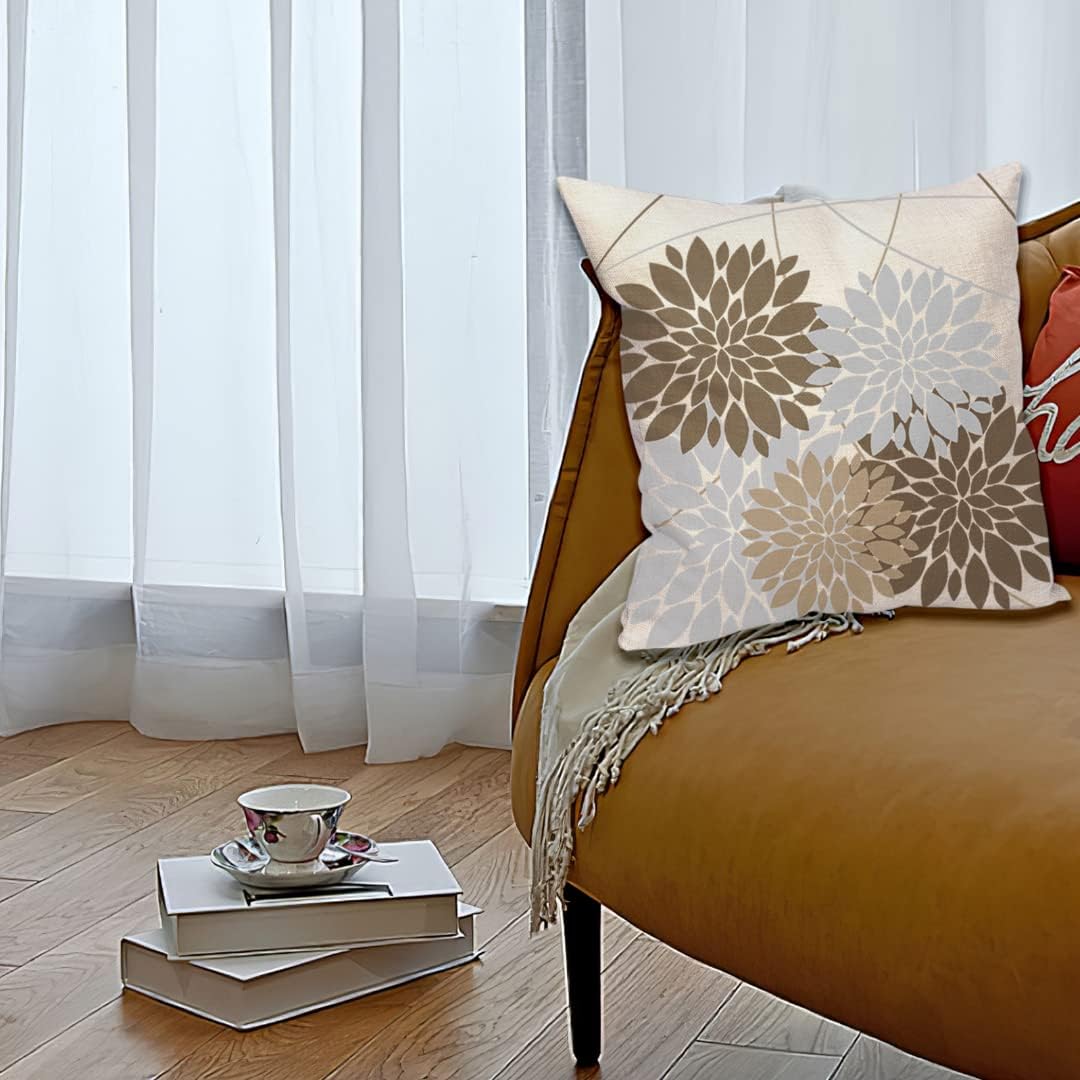 WOFOLE Juego de 2 fundas de almohada de 16 x 16 pulgadas con estampado de flores de dalia gris, decoración al aire libre, fundas de cojín de lino