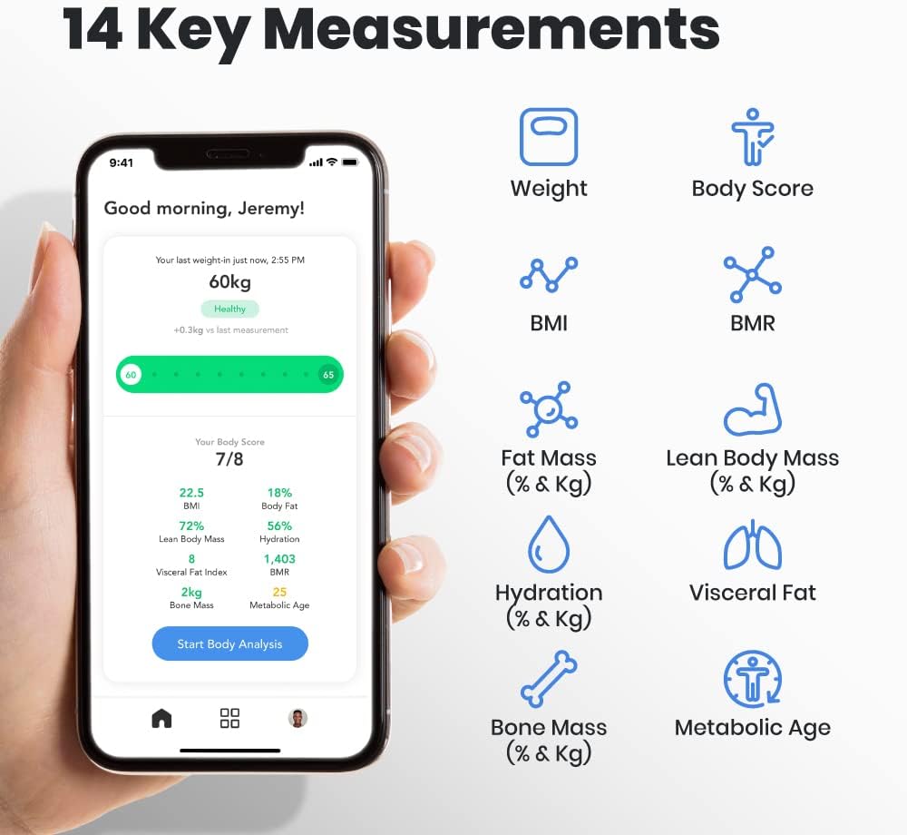 NOERDEN – Báscula corporal inteligente Minimi – Báscula para peso corporal con tecnología Step-On, Bluetooth, pantalla LED, vidrio templado,