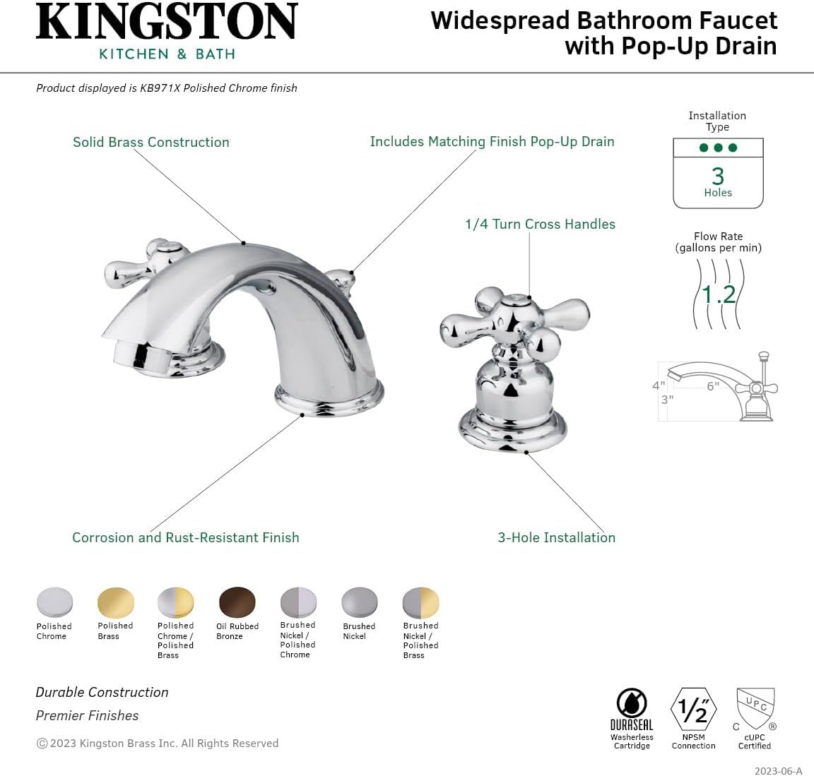 Kingston Brass KB971X – Grifo de lavabo victoriano con mango cruzado, cromo pulido, centro ajustable de 8 pulgadas