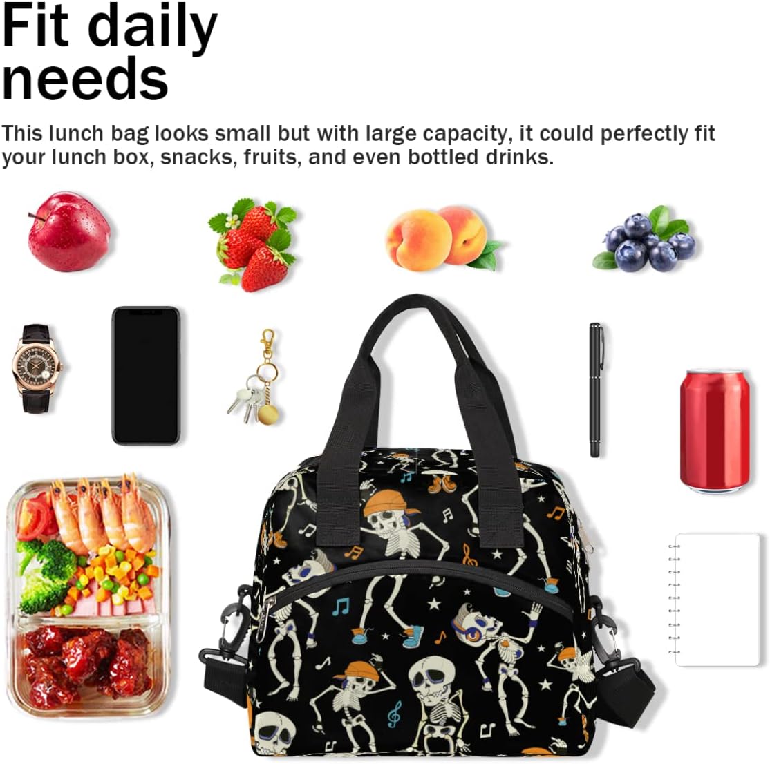 Bolsas de almuerzo aisladas con diseño de esqueleto bailarín para mujeres y hombres, adultos, día de los muertos, bolsa térmica reutilizable con