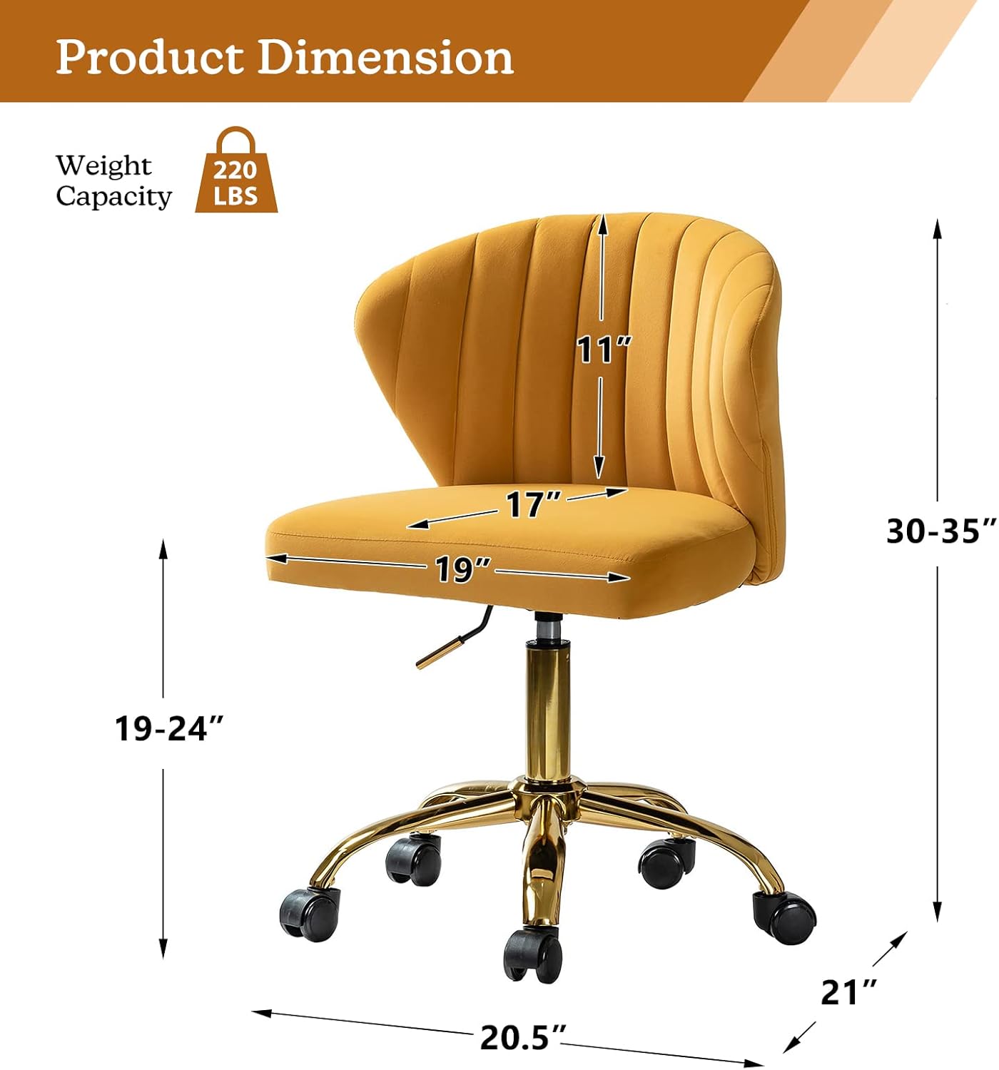 TINA’S HOME Sillas de escritorio de oficina con ruedas y base dorada, moderna silla de oficina sin brazos de terciopelo, silla giratoria ajustable