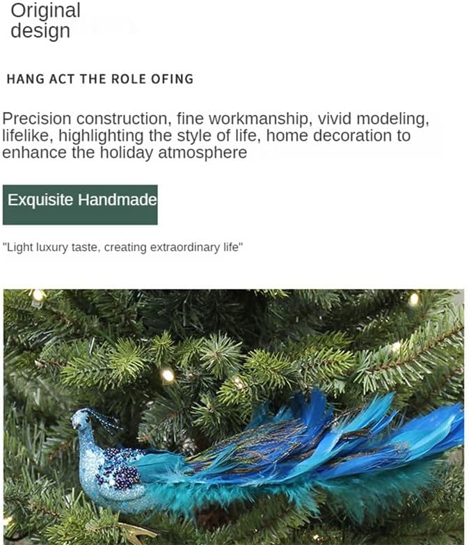 Adorno de Navidad 2023 con purpurina azul pavo real, decoración de pavo real con cola de plumas y clip para árbol de Navidad (blanco y azul, paquete