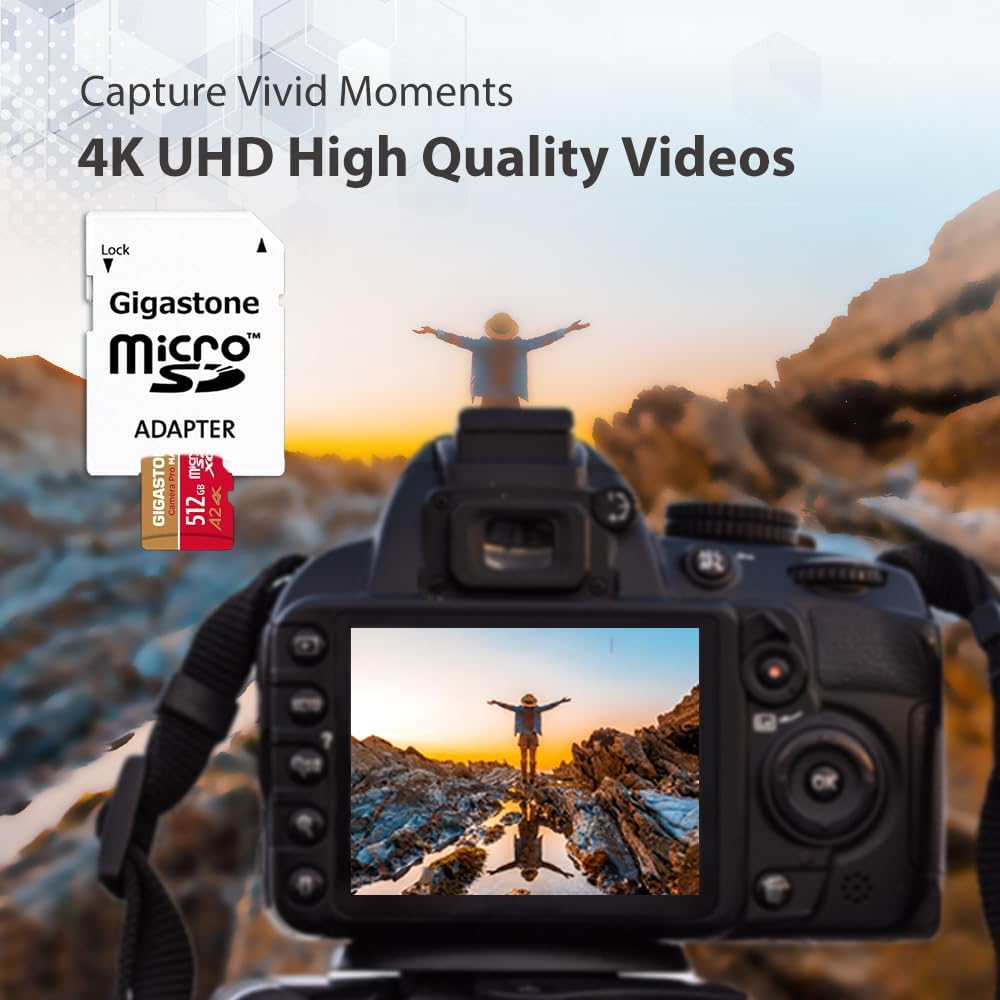 Recuperación de datos gratuita de 5 años GIGASTONE Tarjeta Micro SD de 512 GB, cámara 4K Pro MAX, tarjeta de memoria MicroSDXC A2 V30 para Gopro,