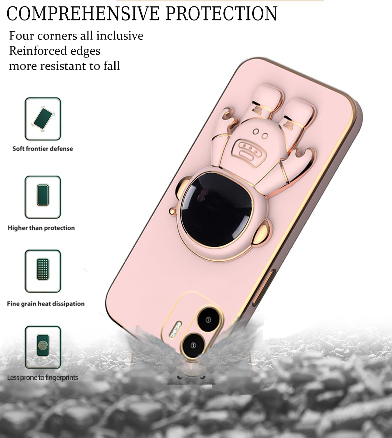Compatible con Redmi A2 Funda con chapado creativo astronauta titular de dibujos animados rosa, teléfono Xiaomi Redmi A1 Funda de silicona a prueba