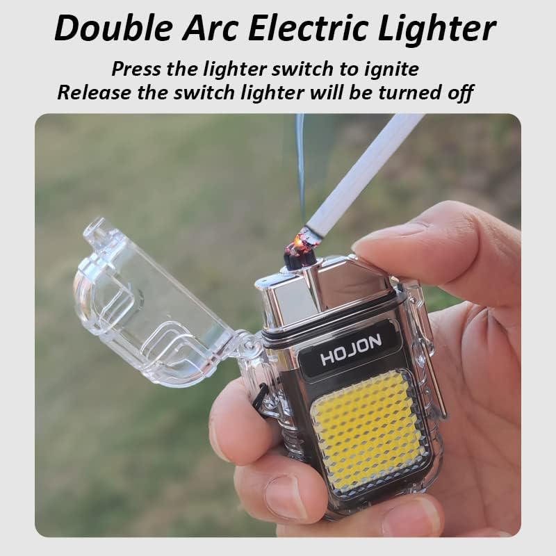 Encendedor de doble arco con linterna LED 2 en 1, encendedor de plasma recargable por USB, sin llama, impermeable, resistente al viento, mini