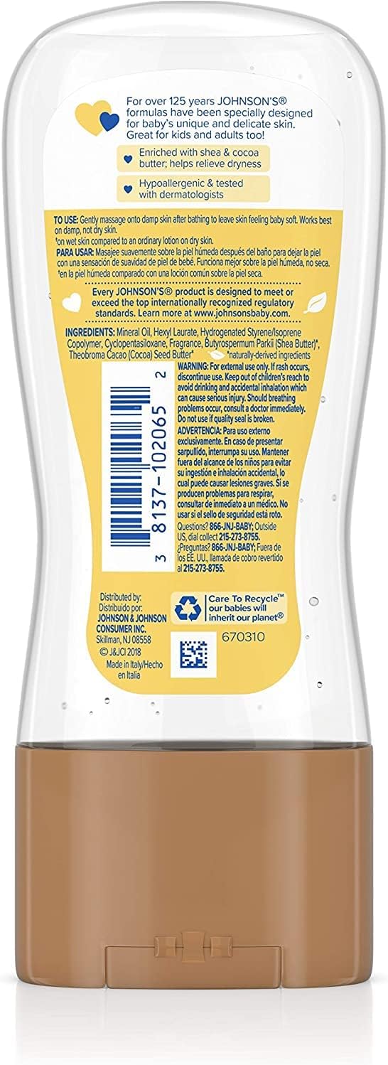 Johnson’s – Gel de aceite para bebé enriquecido con manteca de karité y cacao, ideal para masaje de bebés, 6.5 onzas líquidas (paquete de 2)
