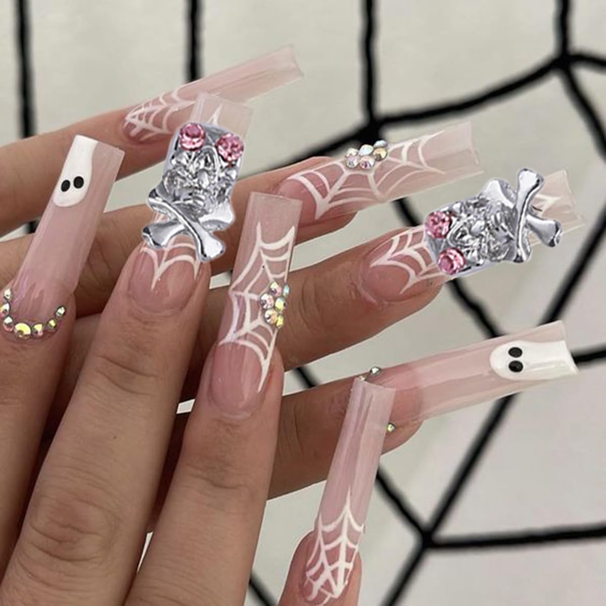 10 dijes de uñas de Halloween, diseño de calavera de fantasma, corazón con gemas de uñas, divertidos diamantes de imitación de uñas de Halloween