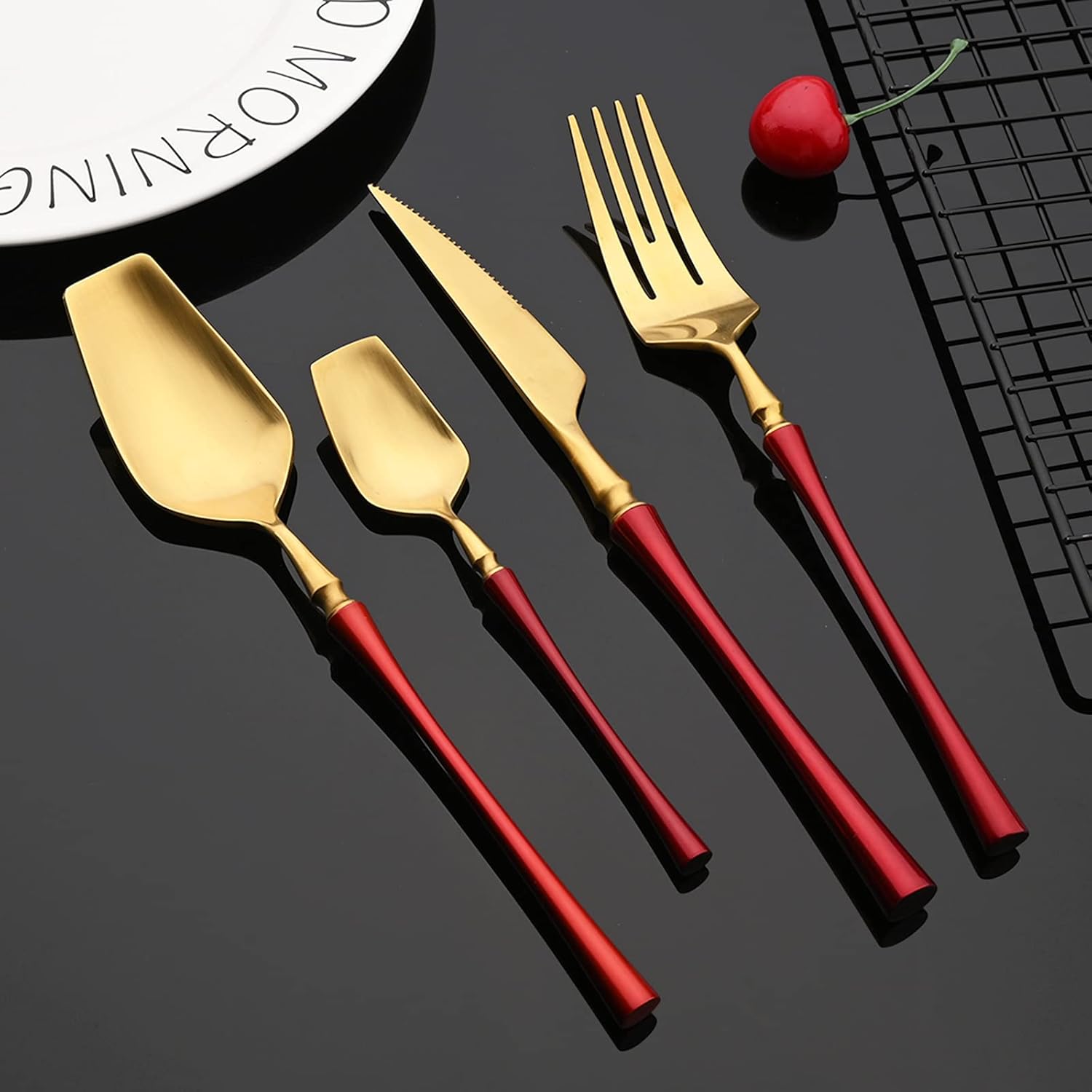 JASHII Juego de cubiertos mate de 8 piezas de acero inoxidable 304 con acabado satinado con mango de cintura pequeño, juego de cubiertos de servicio