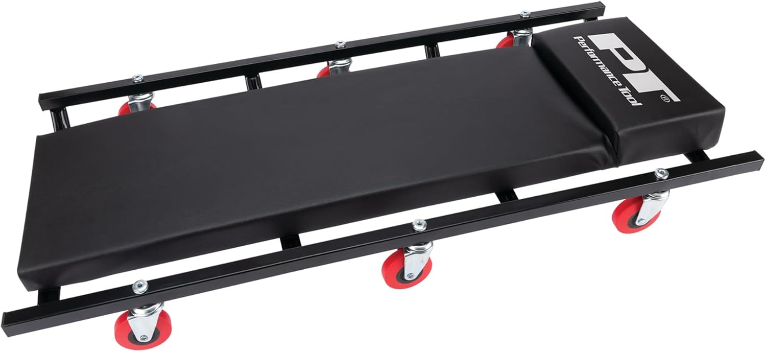 Performance Tool W85015 – Enredadera automotriz de perfil bajo con 6 ruedas giratorias de 36 x 17 pulgadas con reposacabezas acolchado, color negro