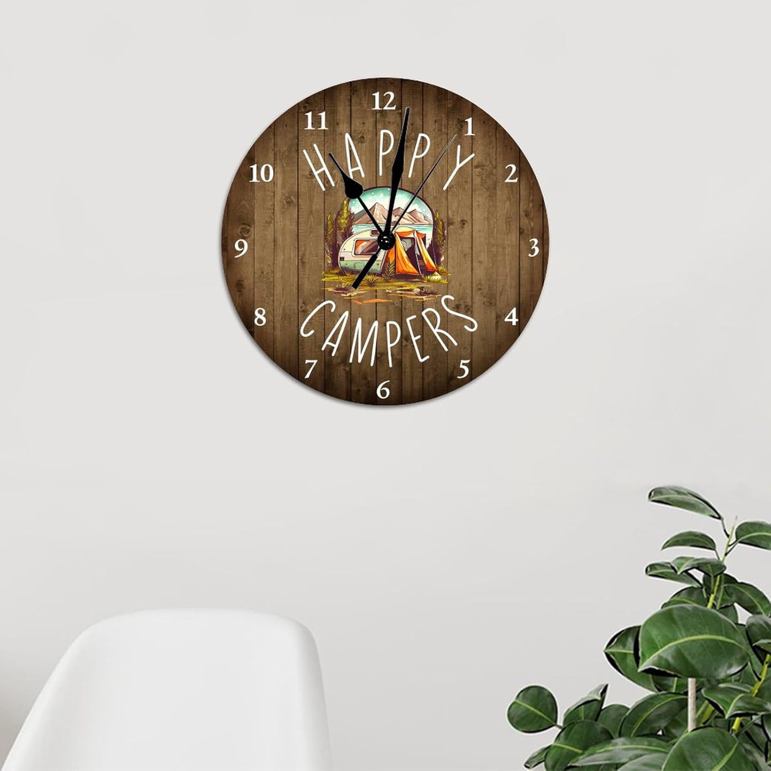 Reloj de PVC de 10 pulgadas silencioso sin tictac Happy Camper sin marco, con temática de camping, funciona con pilas, moderno reloj colgante