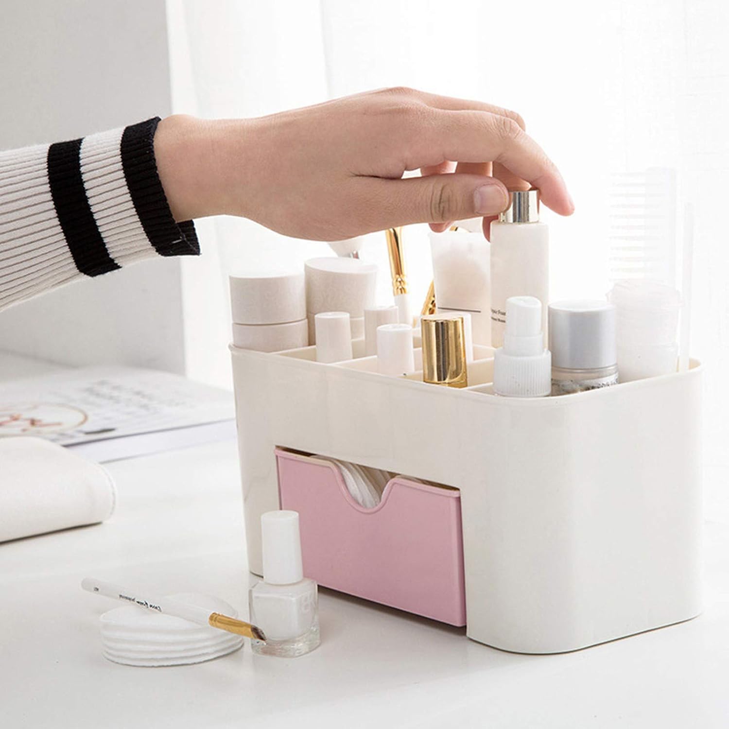 Organizador de maquillaje con cajones, caja de almacenamiento grande para cosméticos, tipo cajón, organizador de maquillaje, dormitorio, acabado de