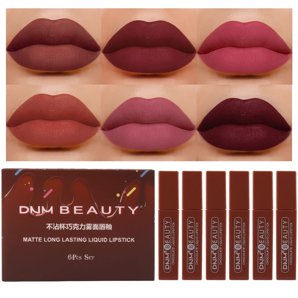 HAOYA Juego de 6 lápices labiales líquidos de chocolate mate, brillo de labios, para mujer, color rojo oscuro profundo, 24 horas permanecen en mate,