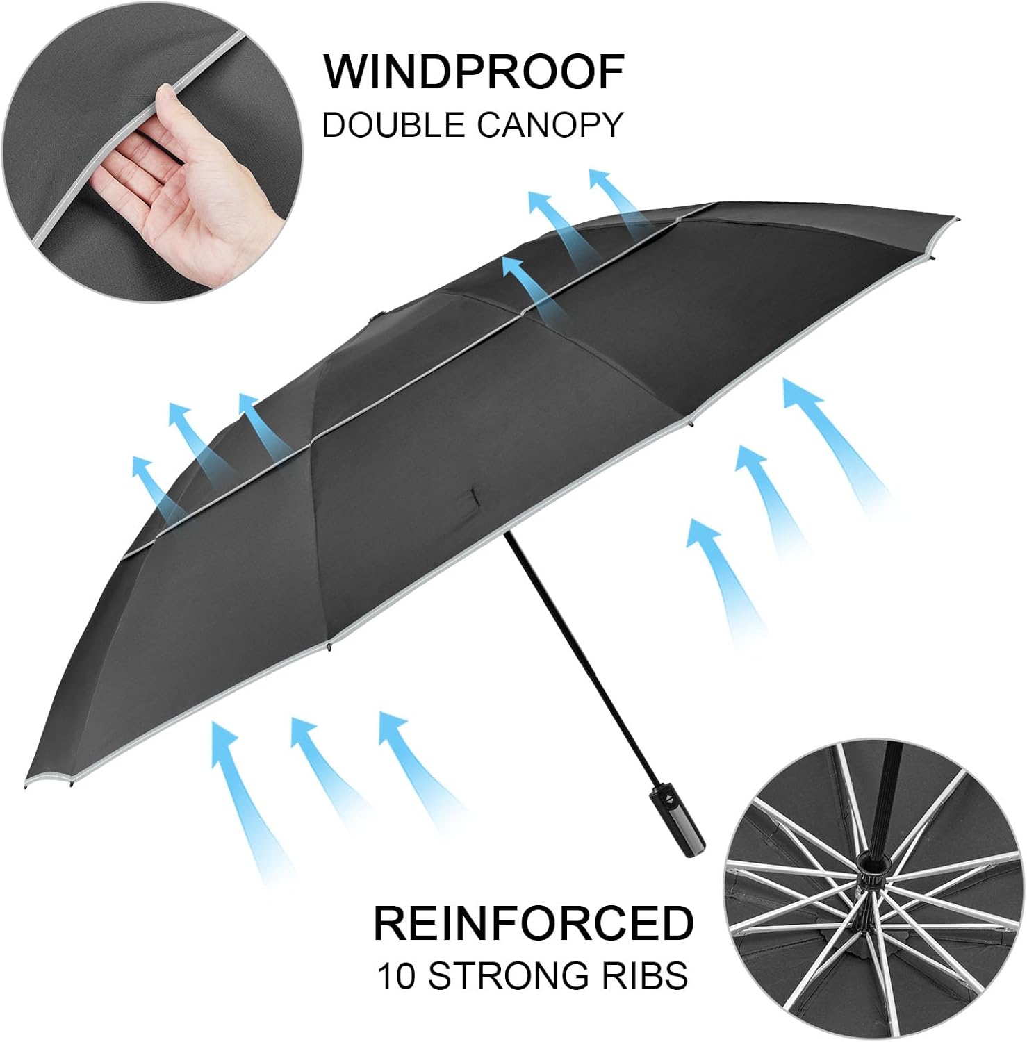 G4Free Paraguas invertido resistente al viento de 62 pulgadas con rayas reflectantes, paraguas grande y compacto de golf para lluvia, 10 varillas,