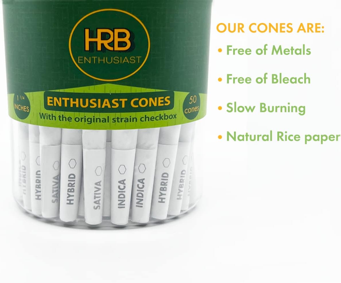 Herb Enthusiast Paquete de 50 conos preenrollados de tamaño 1 14  Papel de arroz fino preenrollado totalmente natural  Conos entusiastas con caja de