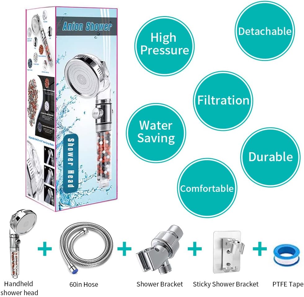 High Pressure Shower Head with Handheld & Shower Filter for Hard Water,Detachable Water Saving & Massage Setting Shower Heads with Hose and Holder