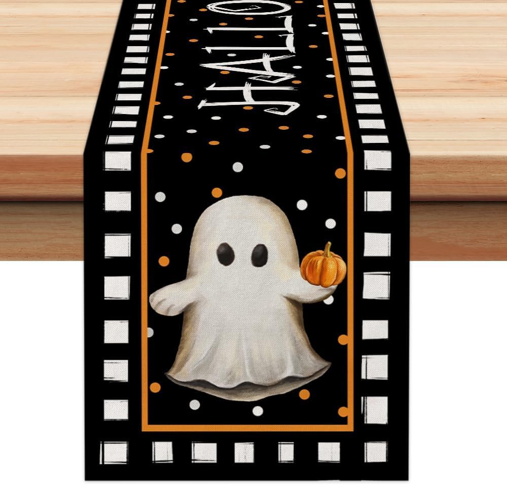 ARKENY Camino de mesa de Halloween de 13 x 60 pulgadas, calabaza, fantasma, arpillera estacional, lunares, granja, interior, cocina, comedor,