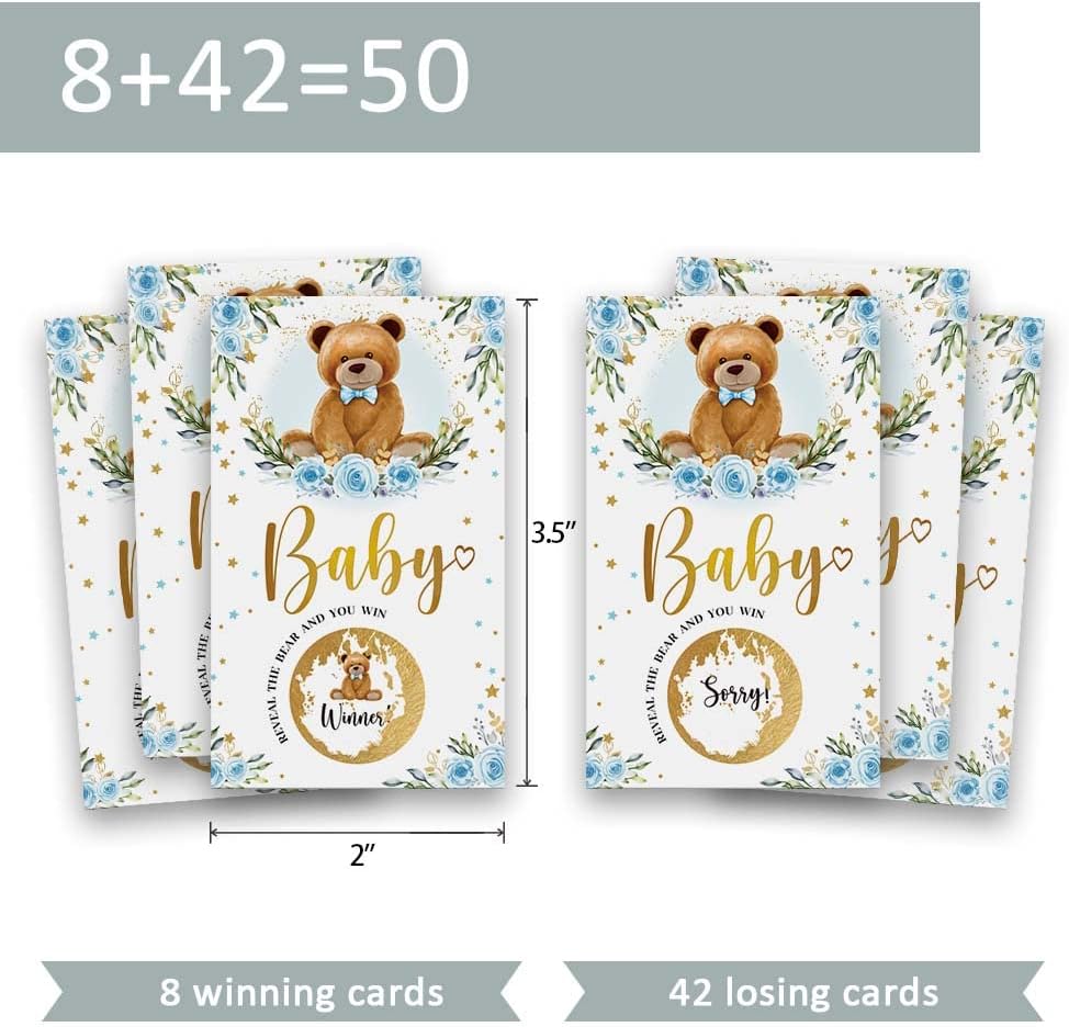 Juego de 50 Woodland Bear Scratch Off, tarjeta de dibujo de rosa de oso azul, actividades de fiesta, decoraciones y suministros, es un niño
