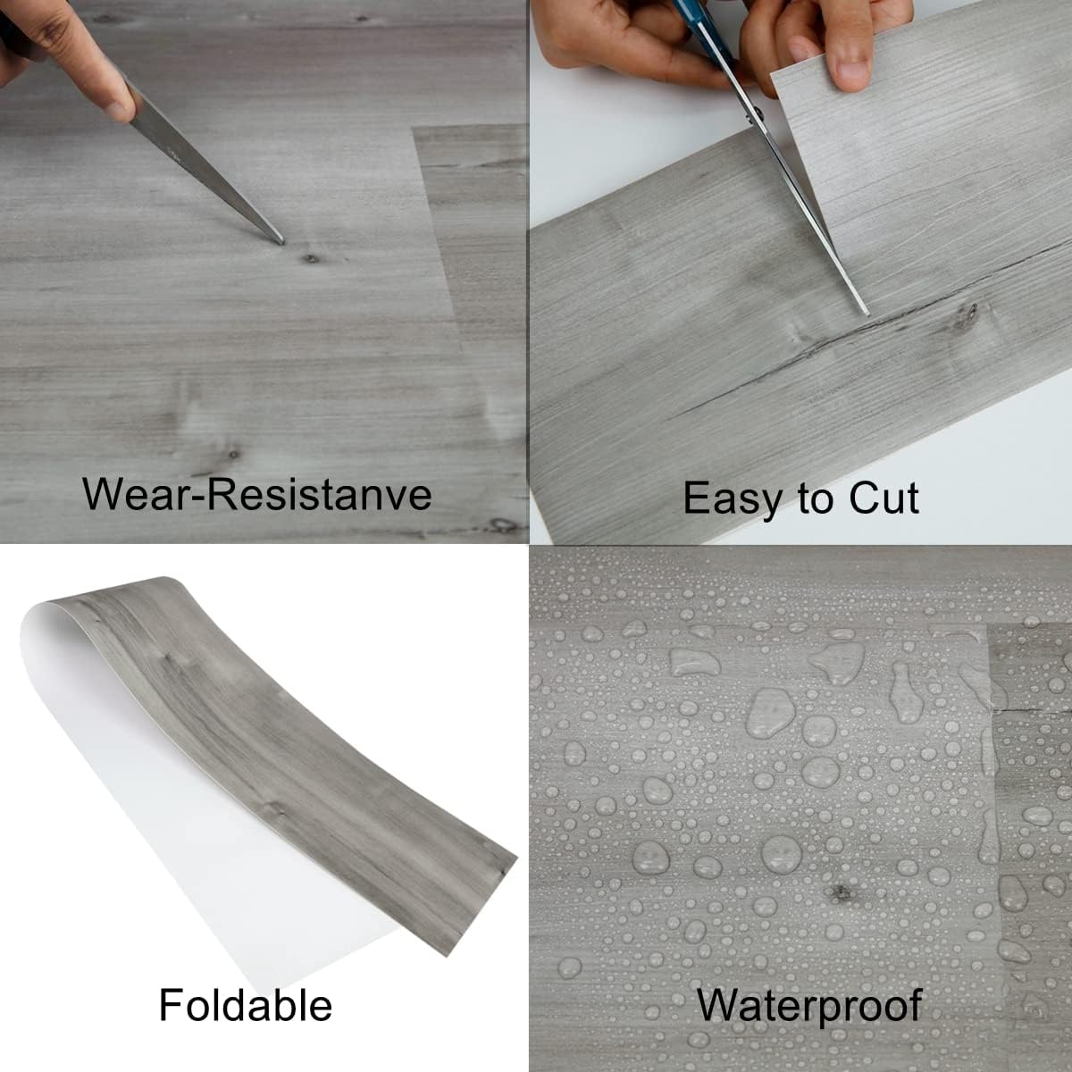 20 baldosas para suelo de despegar y pegar, 36 x 6 pulgadas, aspecto de grano de madera gris natural, autoadhesivas e impermeables para
