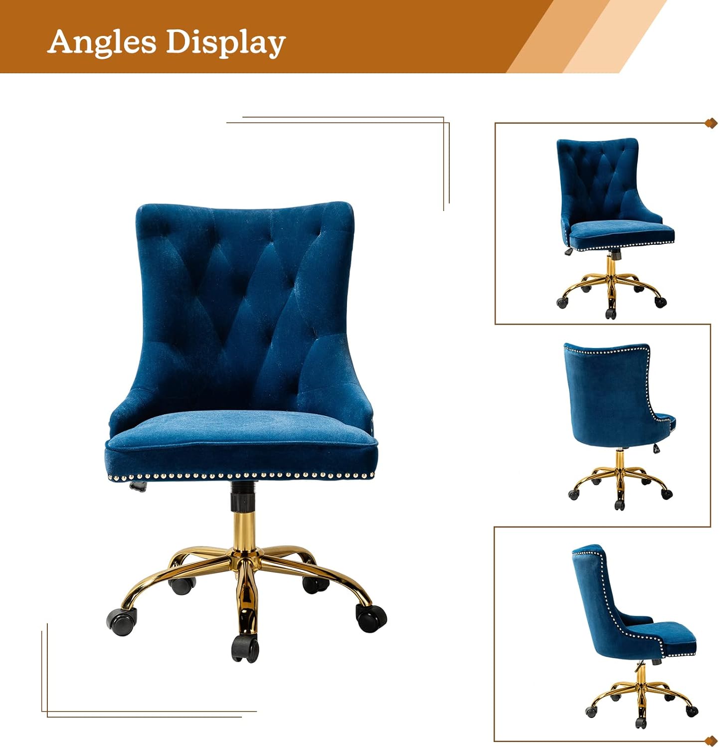 TINA’S HOME Silla de oficina de terciopelo sin brazos con base dorada y ribete de cabeza de clavos, moderna silla de escritorio tapizada capitoné
