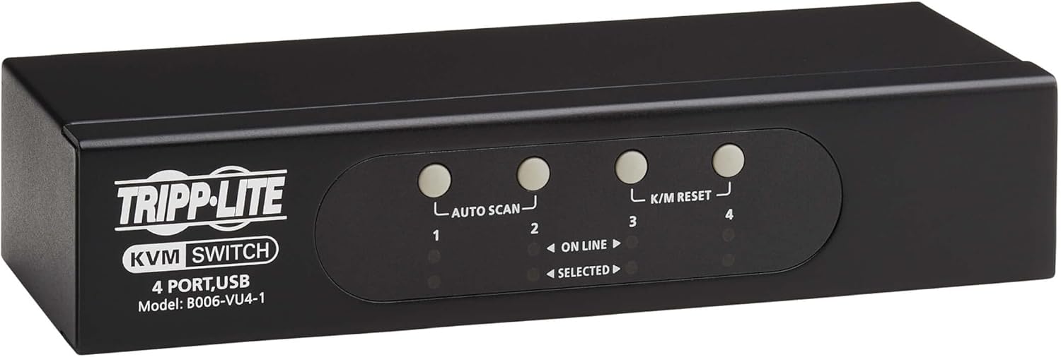 Tripp Lite Conmutador KVM de 4 puertos VGA con puerto USB o PS2 para teclado, mouse, PC de escritorio, 4 computadoras 1 monitor, Plug and Play,