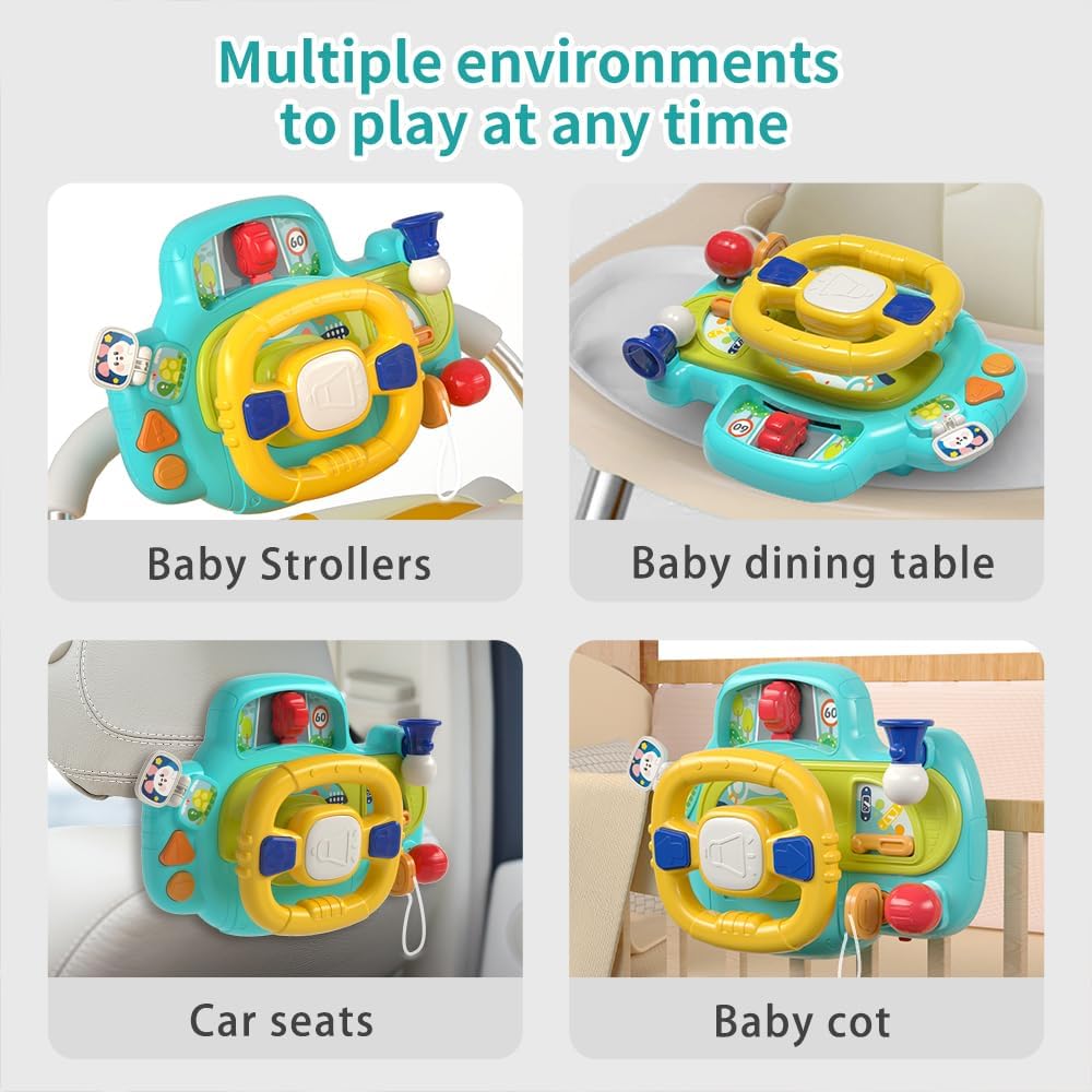 huanger Juguetes de asiento de automóvil para bebé para asiento de automóvil, juguete de centro de juegos, volante con luces musicales, juguete de