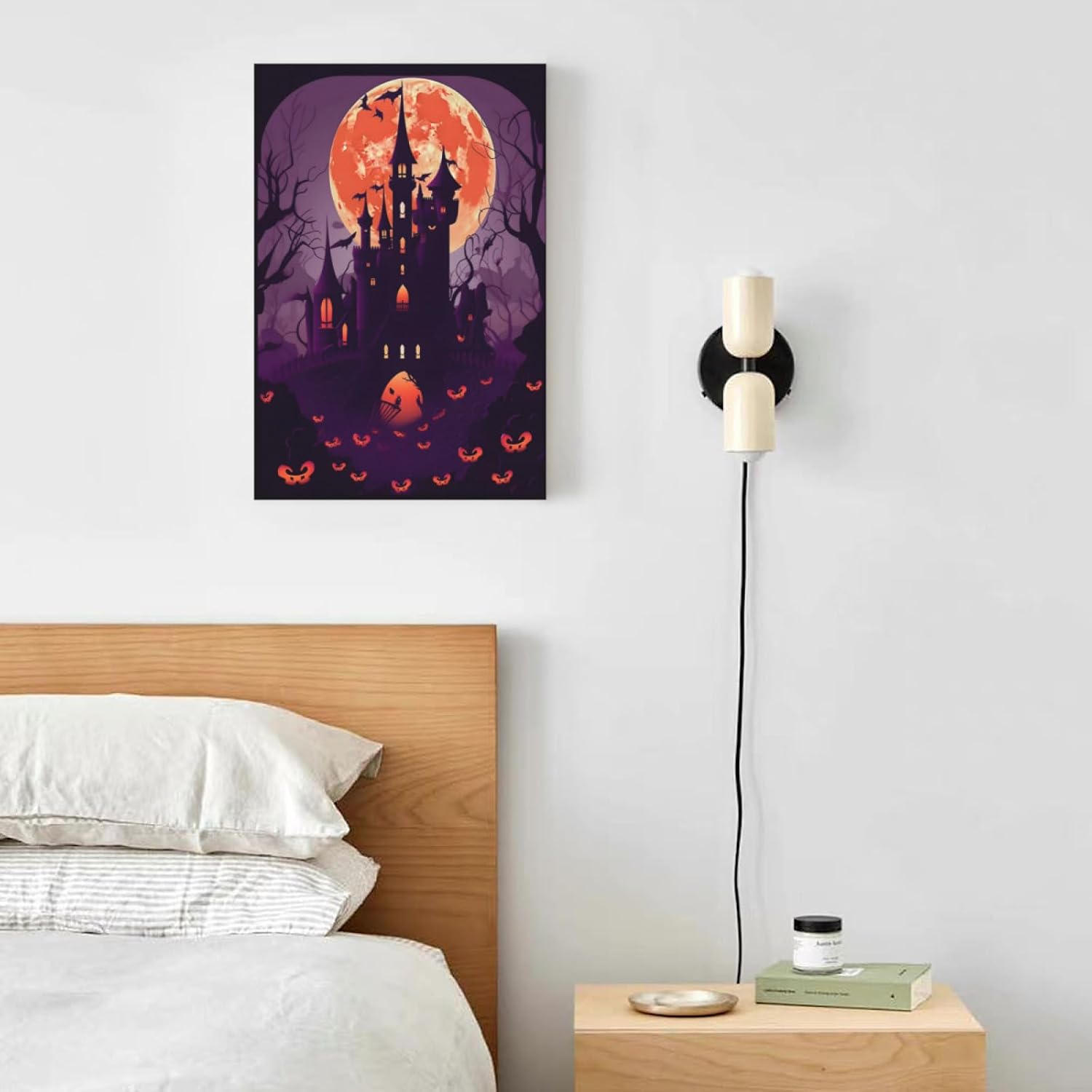 Fxluxar Póster divertido de fantasma, lienzo de castillo bajo luna de sangre, arte espeluznante, impresión de imagen de arte retro oscuro,