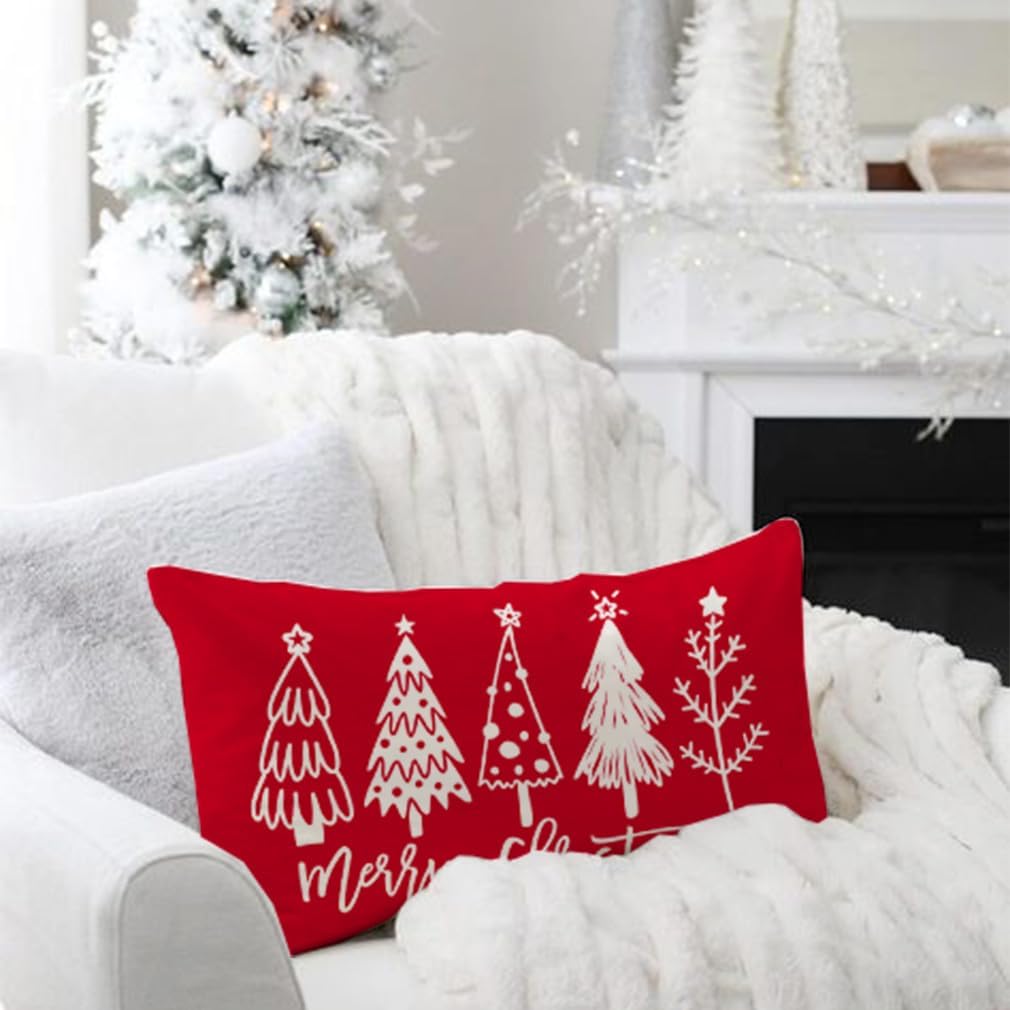 Fundas de almohada de árbol de Navidad de 12 x 20 pulgadas, almohadas lumbares rojas de Navidad, fundas decorativas modernas de casa de campo,