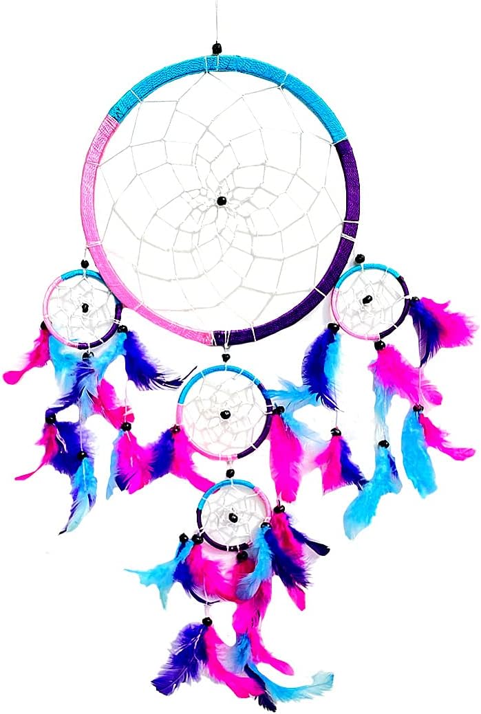 OMA Dream Catcher – Colores tradicionales de teñido anudado turquesa, rosa y morado plumas, 8.5 pulgadas de diámetro y 30 pulgadas de largo (teñido