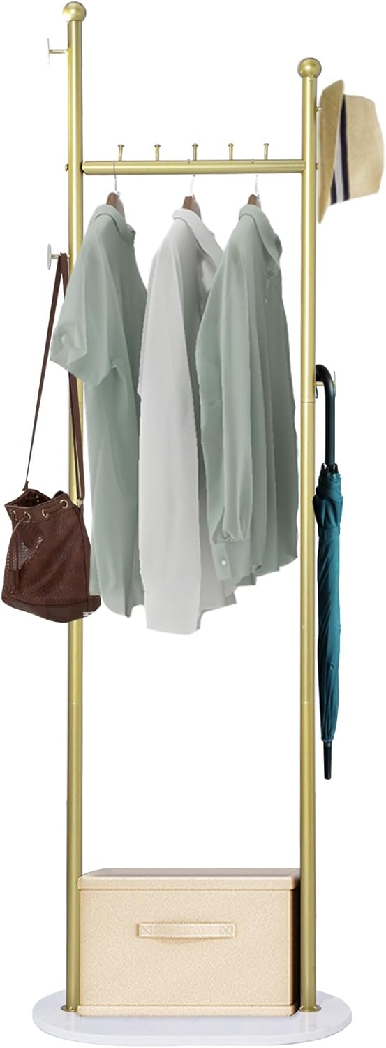 uyoyous Percheros dorados con base de madera, estantes de ropa dorados con estante para boutique, dormitorio, entrada, pasillo