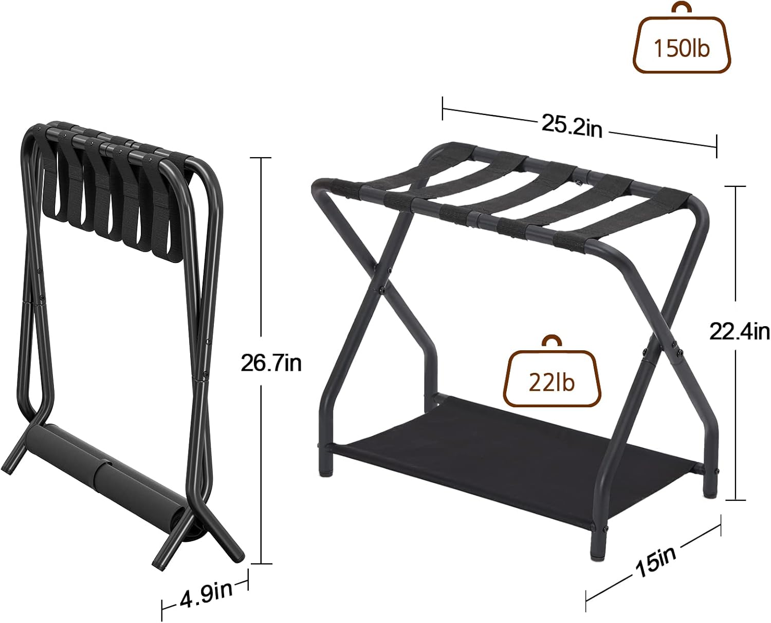 AMHANCIBLE Luggage Rack, Set of 2, Foldable Suitcase Stands for Guest Room, Metal Luggage Holder with Storage Shelf for Bedroom, Hotel, Easy