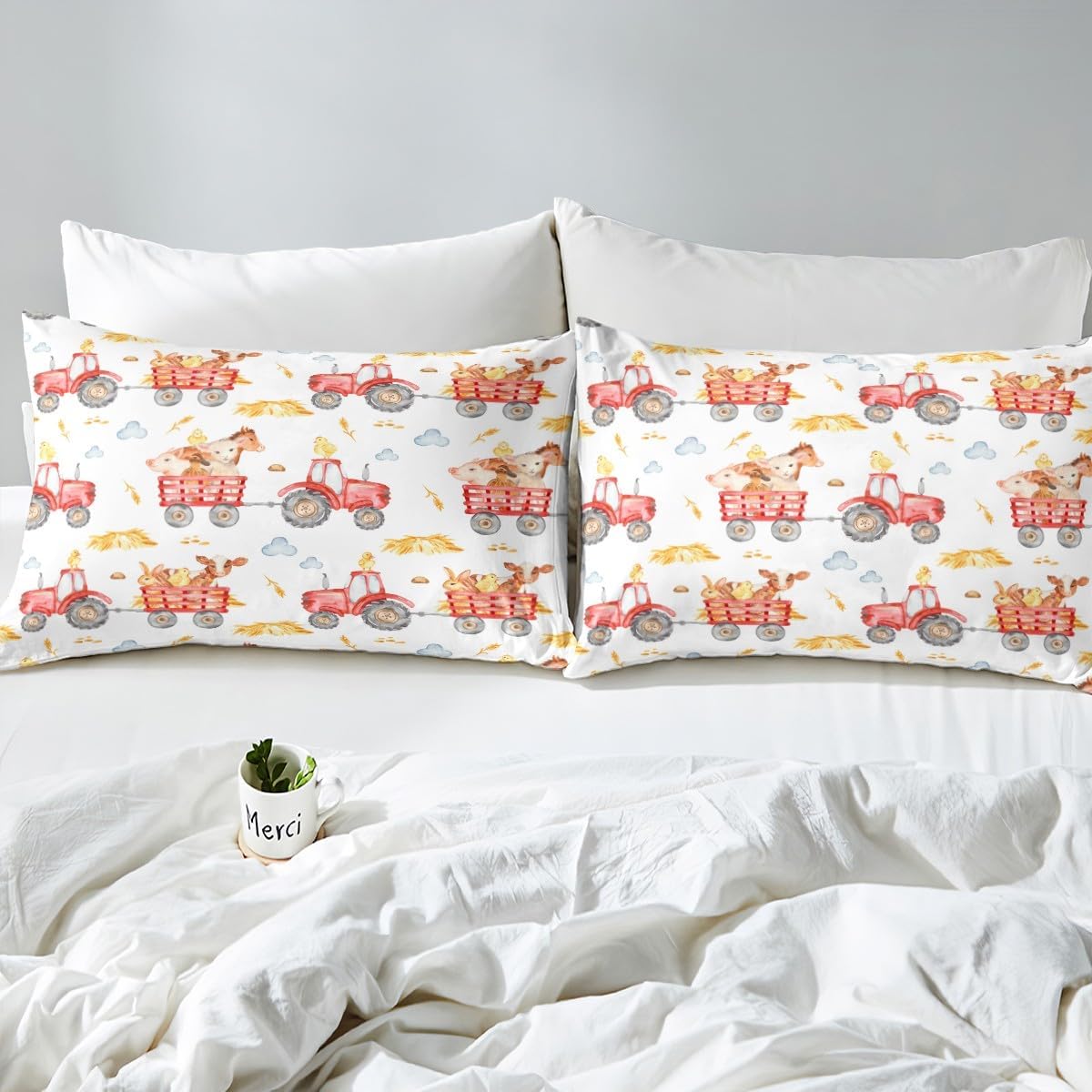Erosebridal Juego de sábanas para cama de camión de granja para niños y niñas, juego de sábanas de tractor de acuarela roja, tamaño Queen, juego de