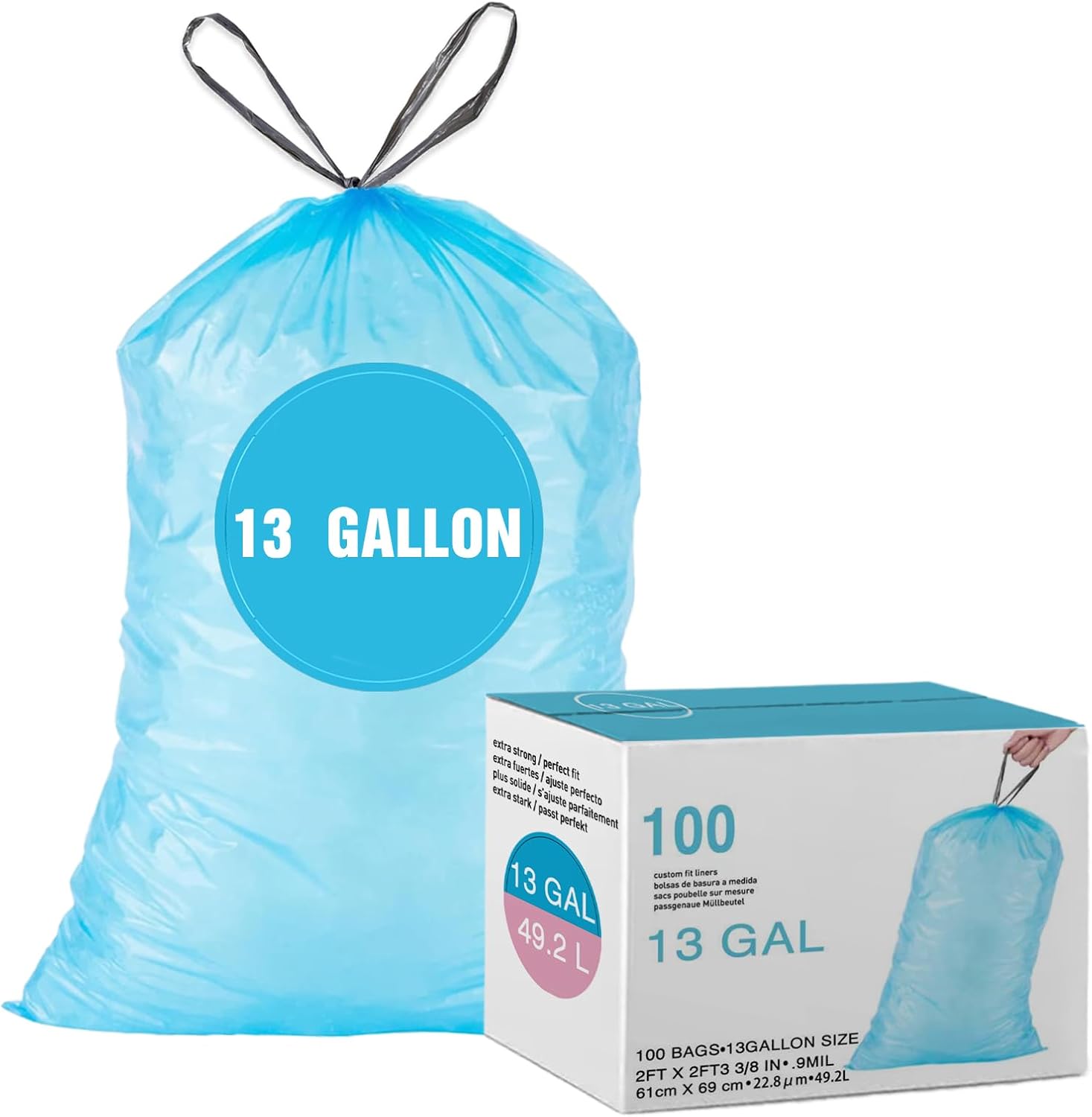 Bolsas de basura altas ultra fuertes de 13 galones (100 unidades) color azul con cordón reforzado forros de basura de 13 galones de protección