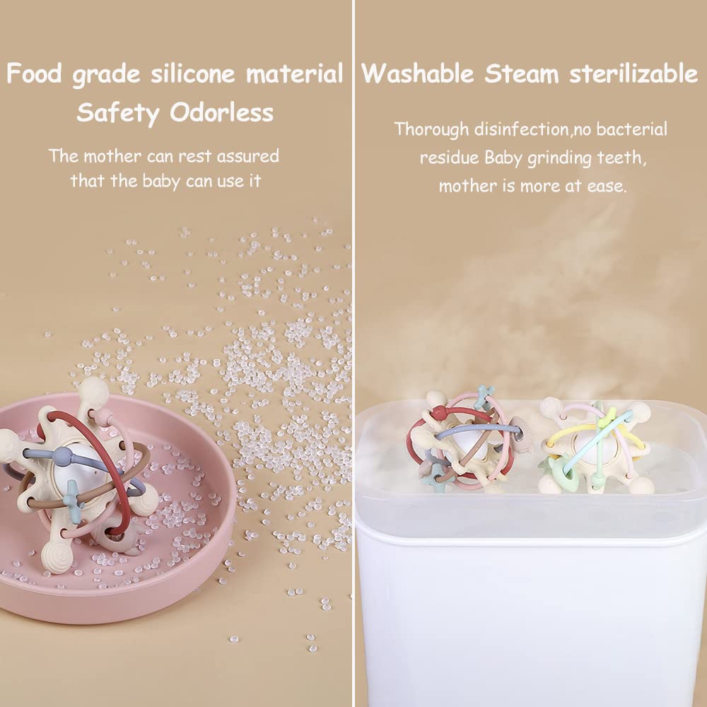 Juguete de dentición de silicona para bebés, bola mordedora sensorial con sonajero para niños de 3-6 a 12 meses, bebés, niños, niñas, suave, sin BPA