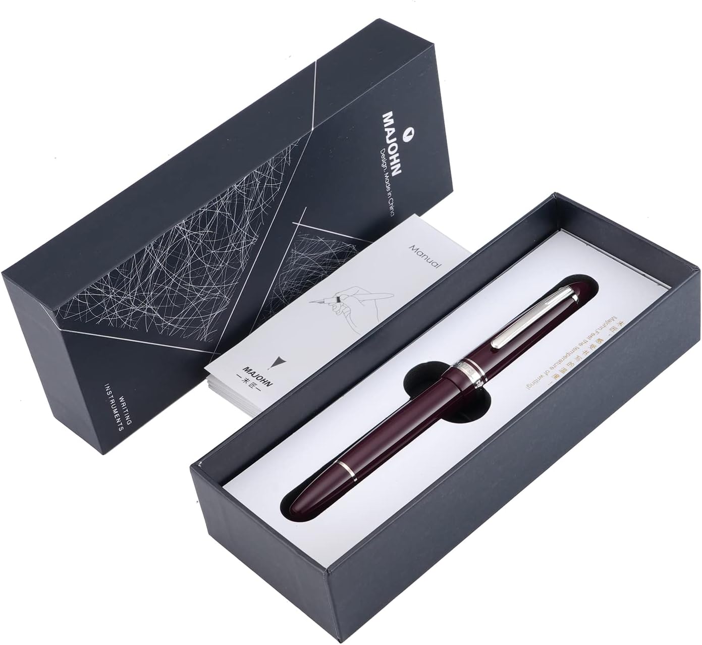Majohn P136 – Pluma estilográfica de pistón de 0.043 in con caja, juego de bolígrafos de resina roja, clip plateado