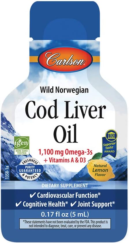 Carlson – Paquetes de aceite de hígado de bacalao Grab + Go, paquetes de viaje, Rip & Sip, de una sola porción, 1100 mg de omega-3, más vitaminas A