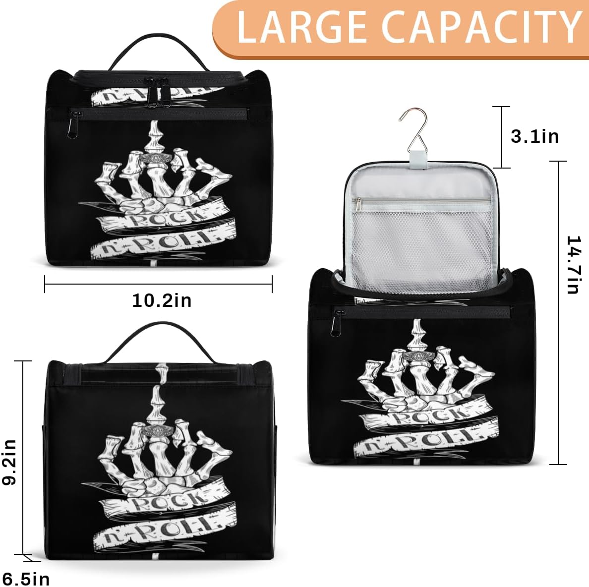 Halloween Skulls Pattern Toiletry Bag for Women Travel Makeup Organizer with Hanging Hook Traveling Cosmetic Bags for Toiletries Accessories