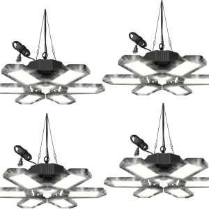 Paquete de 4 luces de garaje enchufables, 185 W, 18500 lúmenes, luz LED de tienda conectable, 6500 K, luces de techo LED con 6 paneles deformables Paquete de 4 luces de garaje enchufables, 185 W, 18500 lúmenes, luz LED de tienda conectable, 6500 K, luces de techo LED con 6 paneles deformables