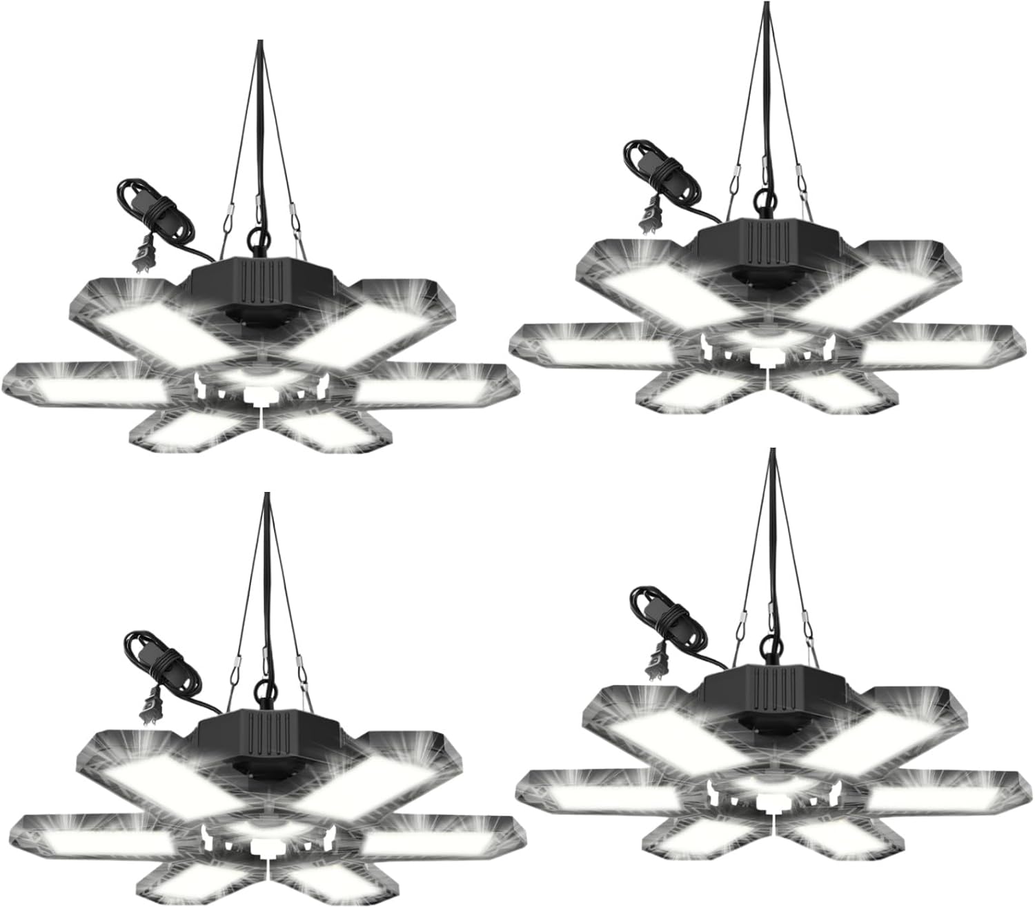 Paquete de 4 luces de garaje enchufables, 185 W, 18500 lúmenes, luz LED de tienda conectable, 6500 K, luces de techo LED con 6 paneles deformables
